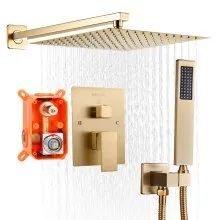 VEVOR Shower Faucet Set 10" Square Rain Shower Head and Hand Set Brushed Gold