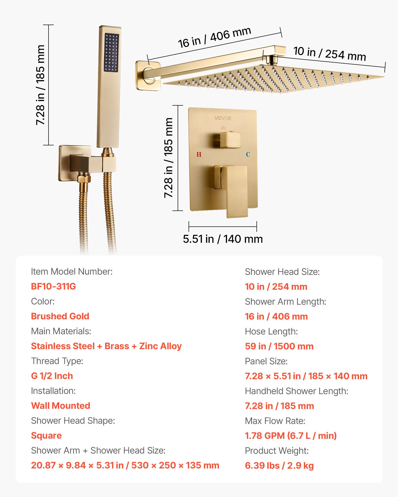 VEVOR Shower Faucet Set, Rainfall Bathroom Shower System with 10-Inch (25.4cm) Square Rain Shower Head and Handheld Spray, Wall Mounted Bath Fixtures with Brass Valve and Trim Kit, Brushed Gold