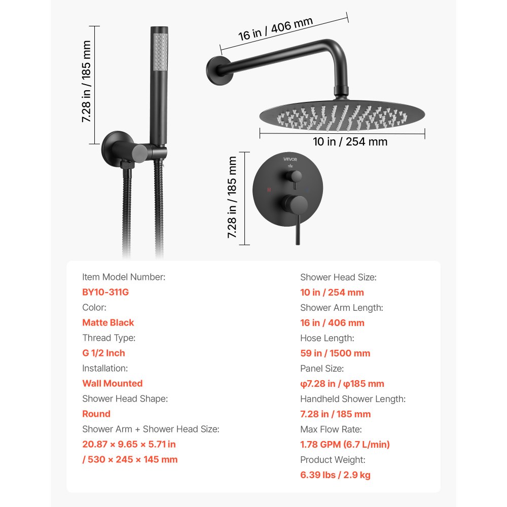 VEVOR Shower Faucet Set, Rainfall Bathroom Shower System with 10-Inch (25.4cm) Round Rain Shower Head and Handheld Spray, Wall Mounted Bath Fixtures with Brass Valve and Trim Kit, Matte Black