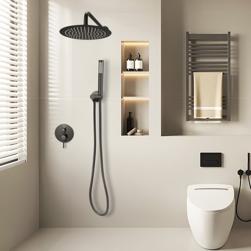 VEVOR Shower Faucet Set, Rainfall Bathroom Shower System with 10-Inch (25.4cm) Round Rain Shower Head and Handheld Spray, Wall Mounted Bath Fixtures with Brass Valve and Trim Kit, Matte Black