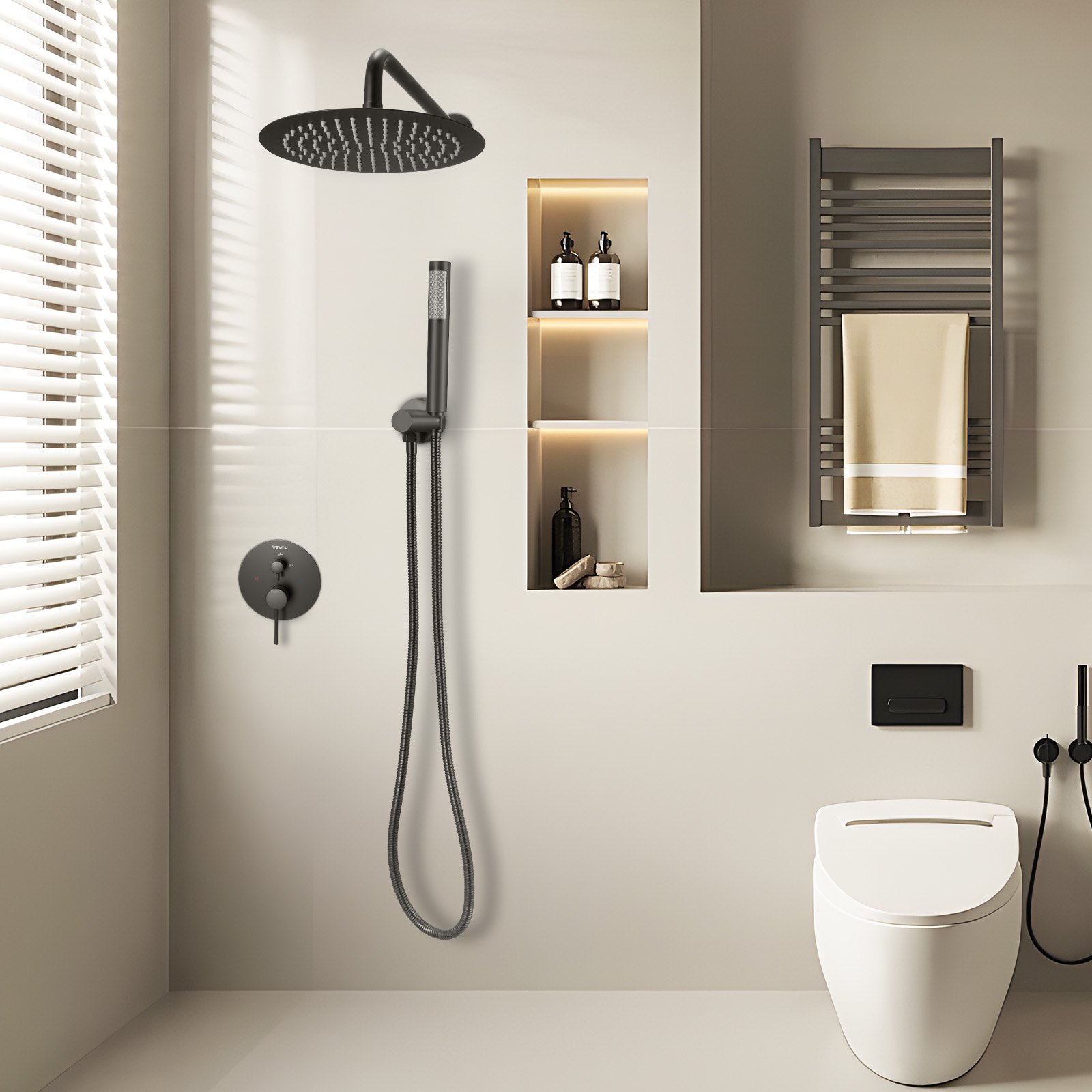 VEVOR Shower Faucet Set, Rainfall Bathroom Shower System with 10-Inch (25.4cm) Round Rain Shower Head and Handheld Spray, Wall Mounted Bath Fixtures with Brass Valve and Trim Kit, Matte Black