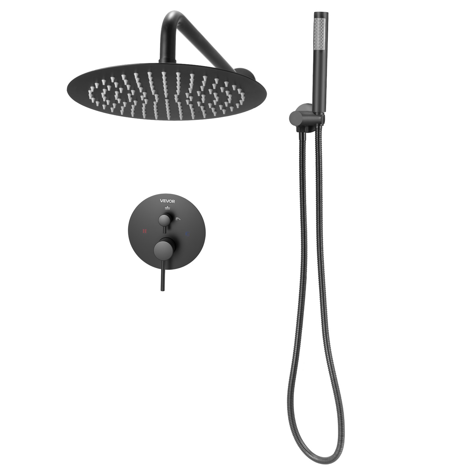 VEVOR Shower Faucet Set, Rainfall Bathroom Shower System with 10-Inch (25.4cm) Round Rain Shower Head and Handheld Spray, Wall Mounted Bath Fixtures with Brass Valve and Trim Kit, Matte Black