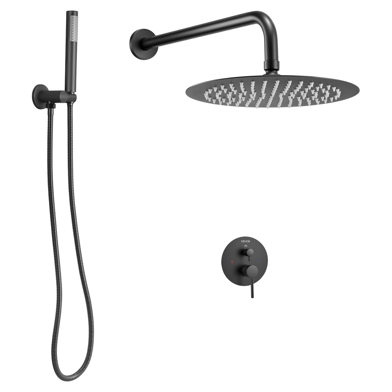 VEVOR Shower Faucet Set, Rainfall Bathroom Shower System with 10-Inch (25.4cm) Round Rain Shower Head and Handheld Spray, Wall Mounted Bath Fixtures with Brass Valve and Trim Kit, Matte Black