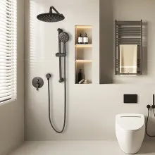 VEVOR Shower Faucet Set, Rainfall Bathroom Shower System with 9-Inch (23cm) Round Rain Shower Head and Handheld Spray, Wall Mounted Bath Fixtures with Brass Valve and Trim Kit, Matte Black