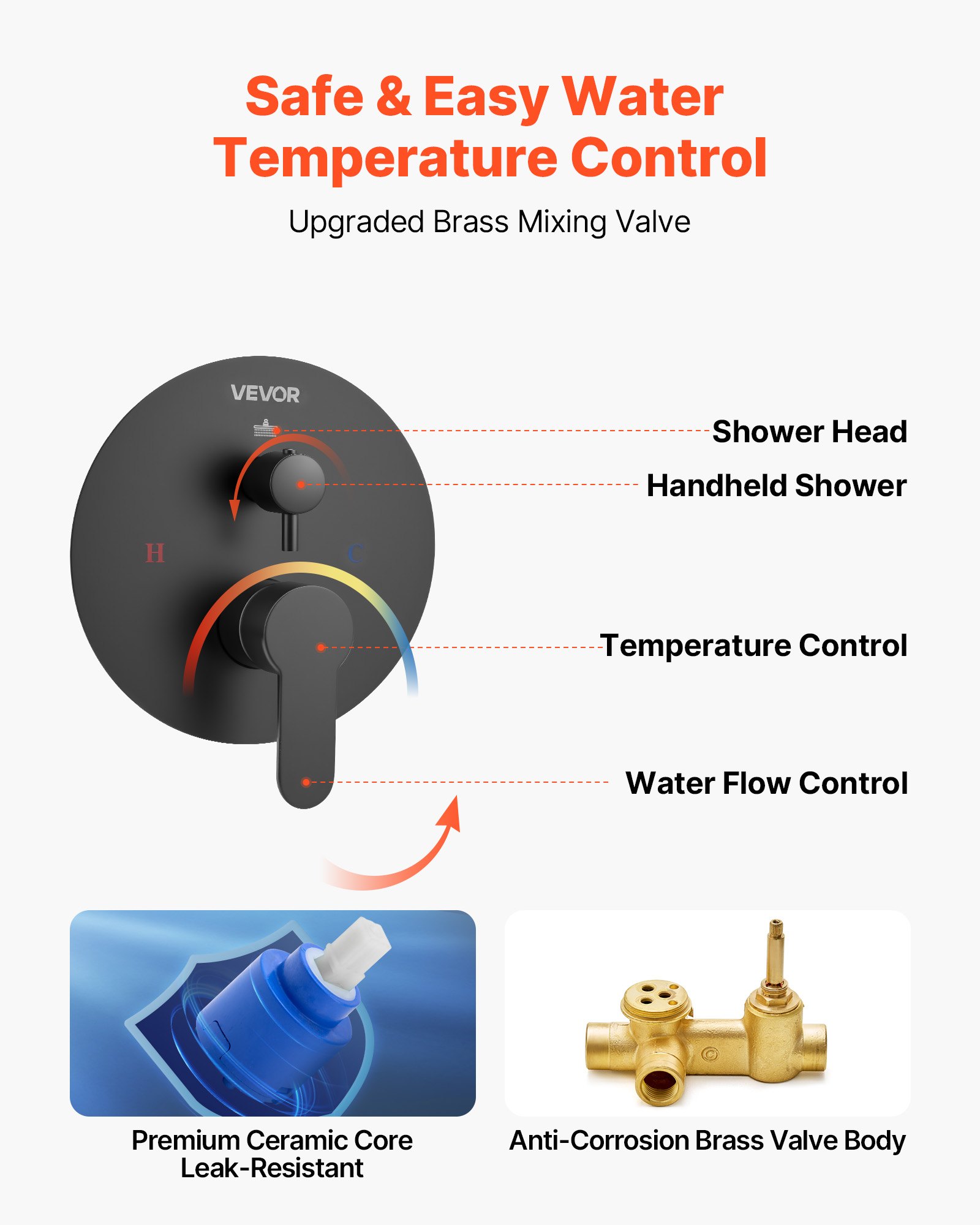 VEVOR Shower Faucet Set, Rainfall Bathroom Shower System with 9-Inch (23cm) Round Rain Shower Head and Handheld Spray, Wall Mounted Bath Fixtures with Brass Valve and Trim Kit, Matte Black