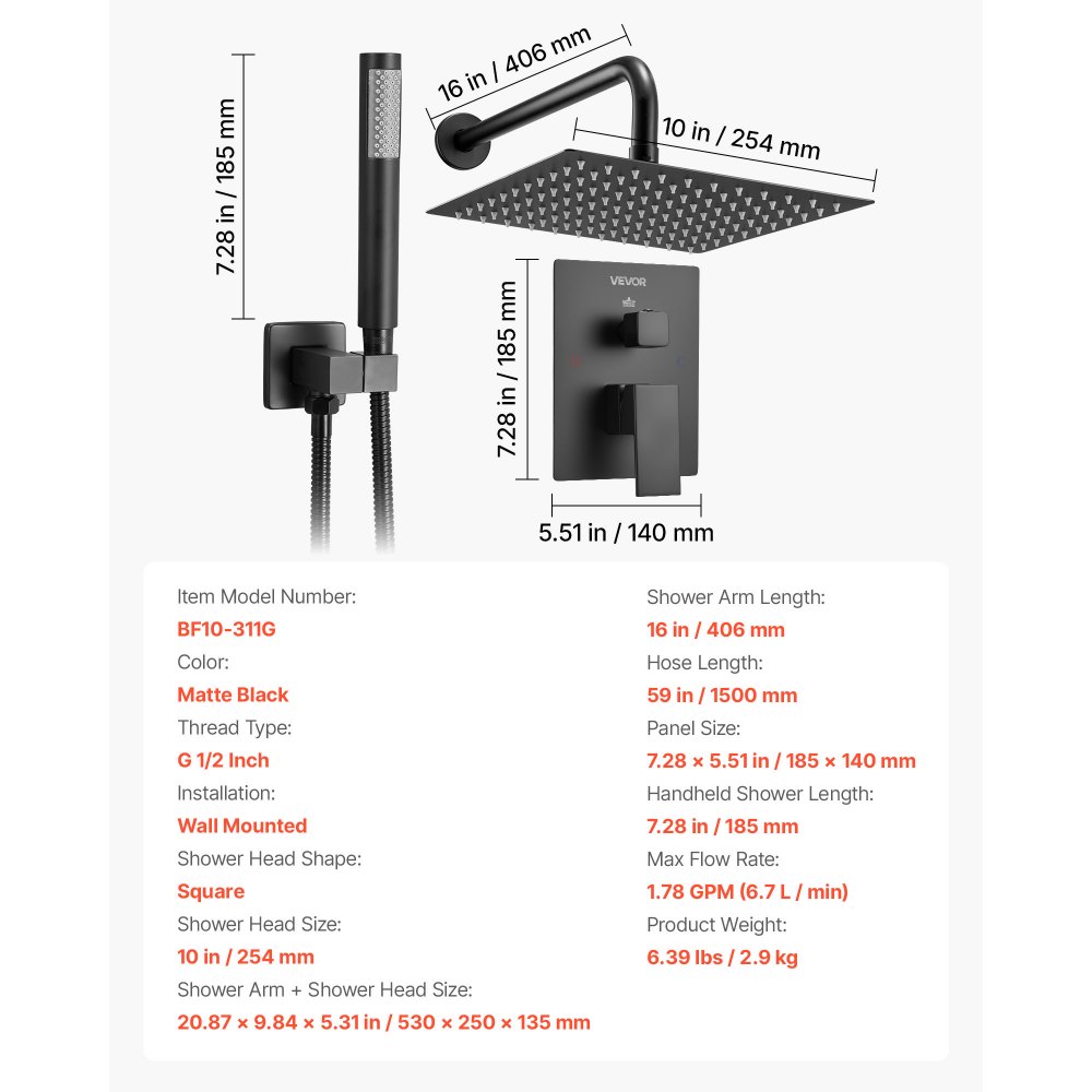 VEVOR Shower Faucet Set, Rainfall Bathroom Shower System with 10-Inch (25.4cm) Square Rain Shower Head and Handheld Spray, Wall Mounted Bath Fixtures with Brass Valve and Trim Kit, Matte Black