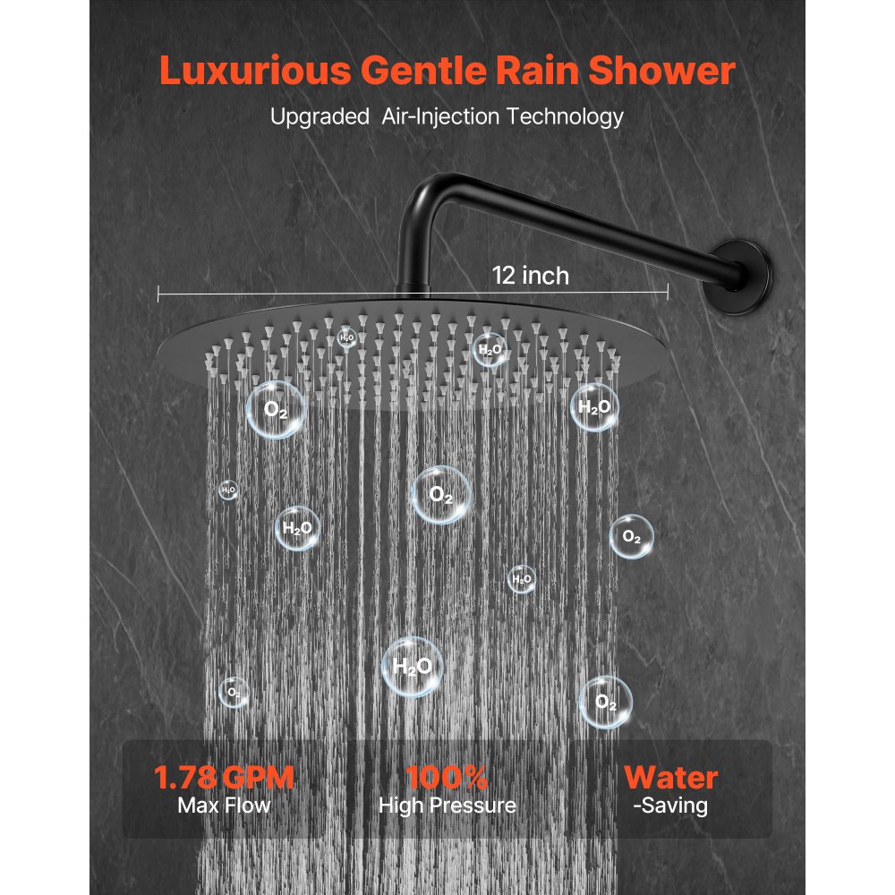 VEVOR Shower Faucet Set, Rainfall Bathroom Shower System with 12-Inch (30.5cm) Round Rain Shower Head and Handheld Spray, Wall Mounted Bath Fixtures with Brass Valve and Trim Kit, Matte Black