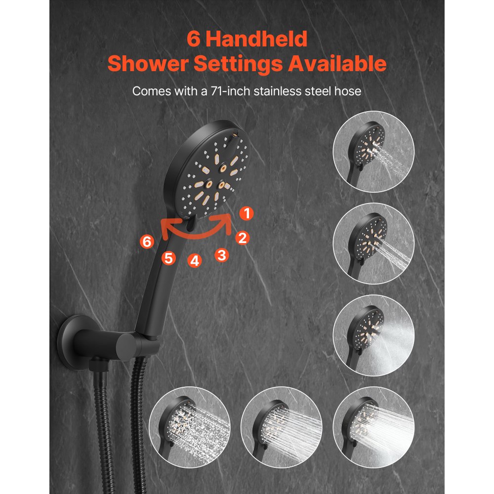 VEVOR Shower Faucet Set, Rainfall Bathroom Shower System with 12-Inch (30.5cm) Round Rain Shower Head and Handheld Spray, Wall Mounted Bath Fixtures with Brass Valve and Trim Kit, Matte Black