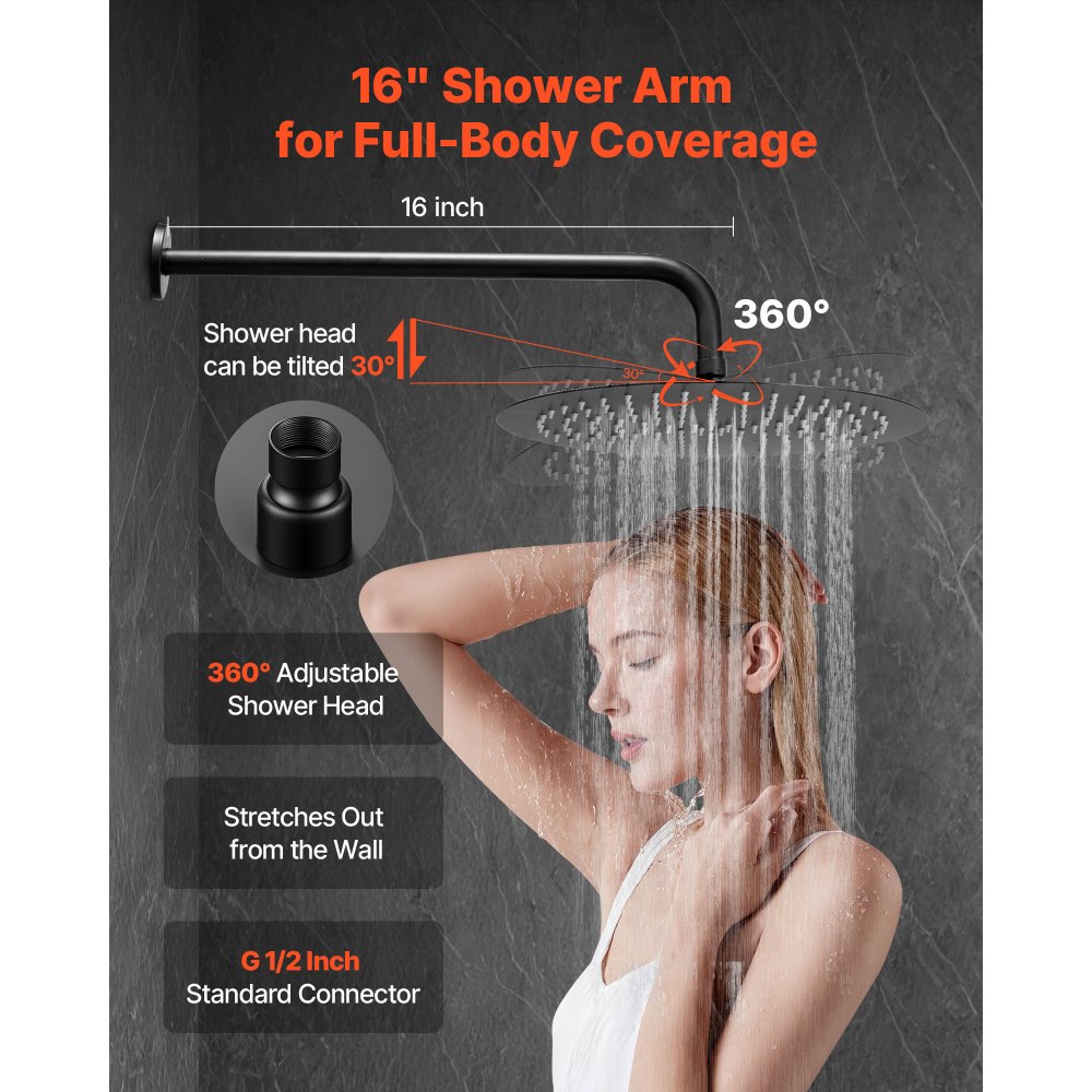 VEVOR Shower Faucet Set, Rainfall Bathroom Shower System with 12-Inch (30.5cm) Round Rain Shower Head and Handheld Spray, Wall Mounted Bath Fixtures with Brass Valve and Trim Kit, Matte Black