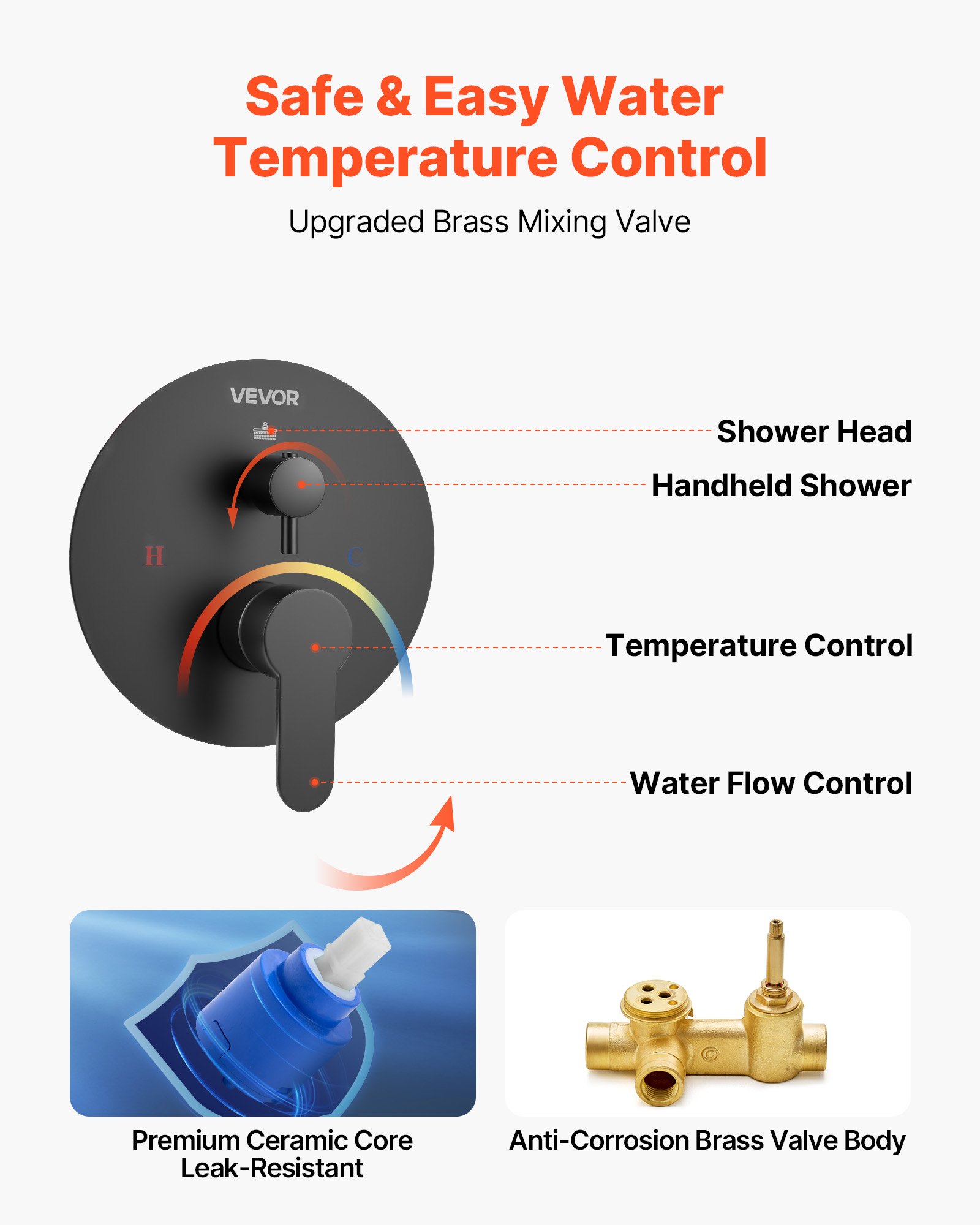 VEVOR Shower Faucet Set, Rainfall Bathroom Shower System with 12-Inch (30.5cm) Round Rain Shower Head and Handheld Spray, Wall Mounted Bath Fixtures with Brass Valve and Trim Kit, Matte Black