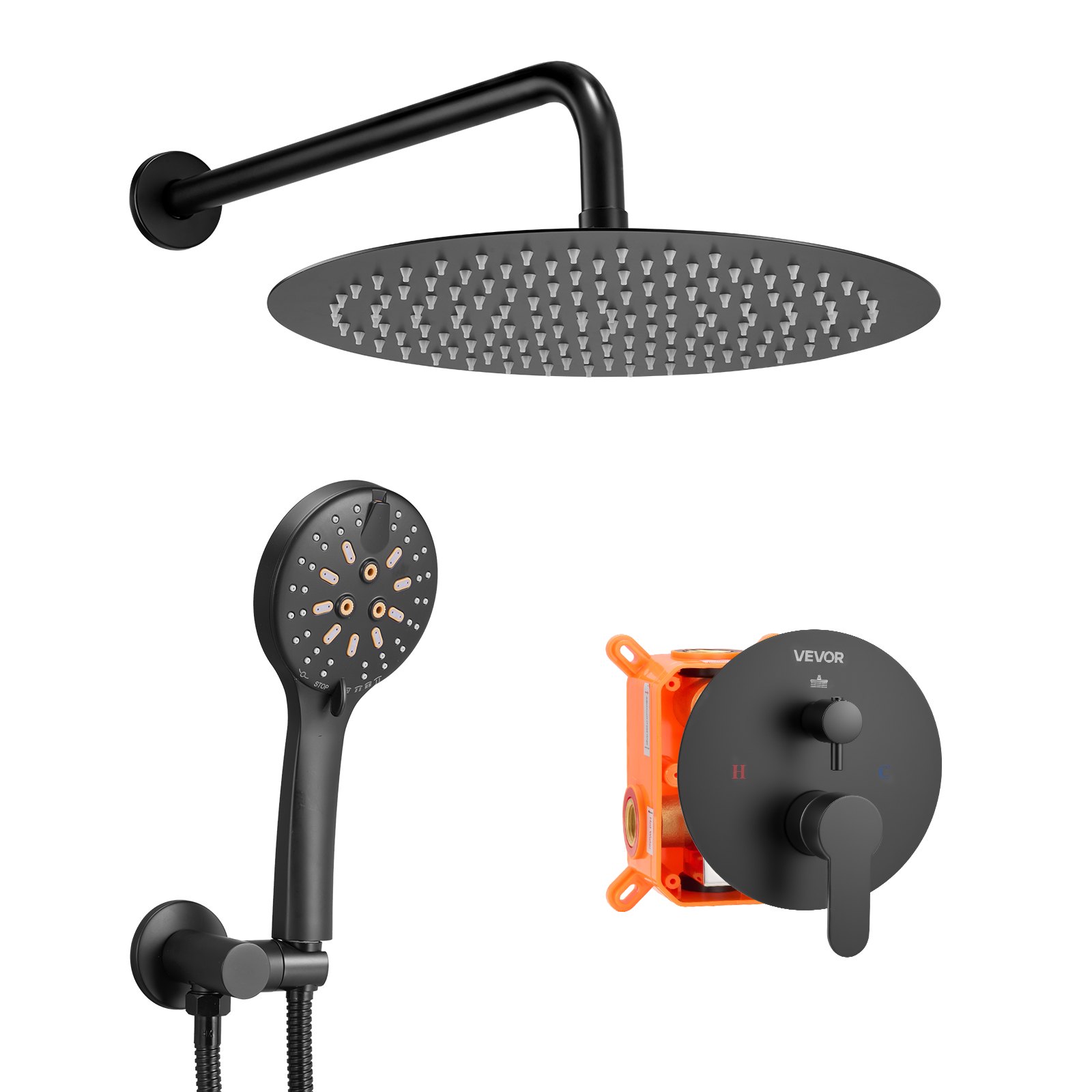 VEVOR Shower Faucet Set, Rainfall Bathroom Shower System with 12-Inch (30.5cm) Round Rain Shower Head and Handheld Spray, Wall Mounted Bath Fixtures with Brass Valve and Trim Kit, Matte Black