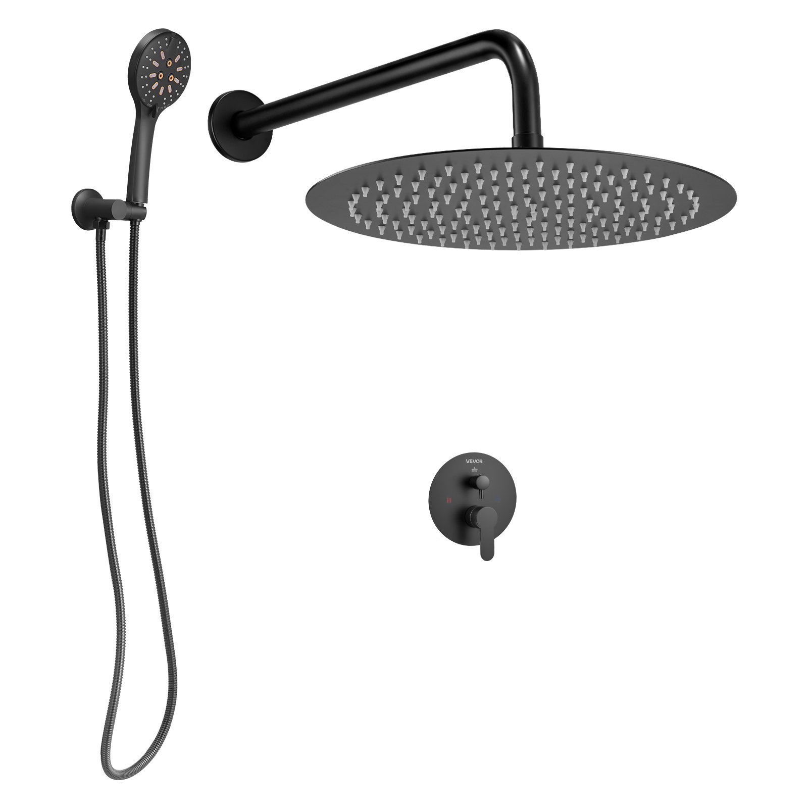 VEVOR Shower Faucet Set, Rainfall Bathroom Shower System with 12-Inch (30.5cm) Round Rain Shower Head and Handheld Spray, Wall Mounted Bath Fixtures with Brass Valve and Trim Kit, Matte Black