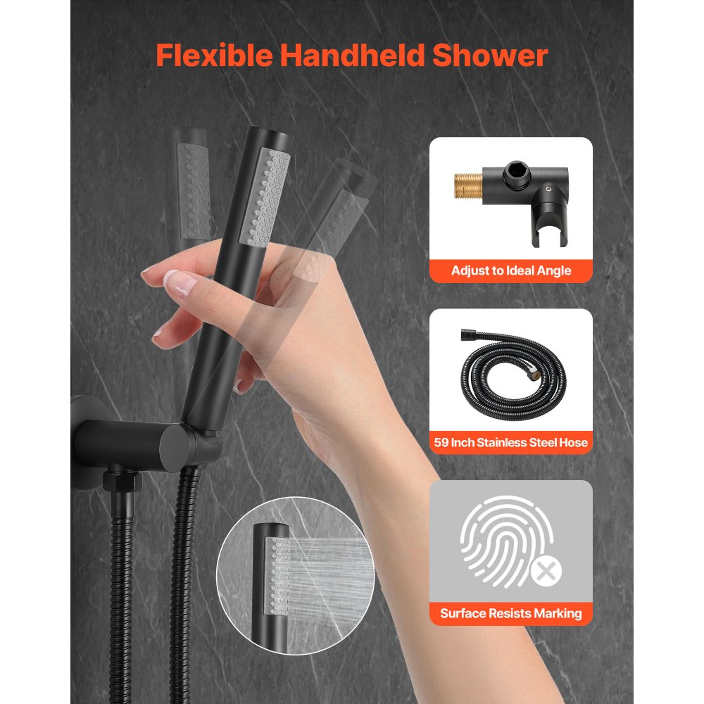 VEVOR Shower Faucet Set, Rainfall Bathroom Shower System with 8-Inch (20.3cm) Round Rain Shower Head and Handheld Spray, Wall Mounted Bath Fixtures with Brass Valve and Trim Kit, Matte Black