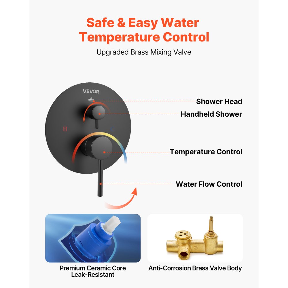 VEVOR Shower Faucet Set, Rainfall Bathroom Shower System with 8-Inch (20.3cm) Round Rain Shower Head and Handheld Spray, Wall Mounted Bath Fixtures with Brass Valve and Trim Kit, Matte Black