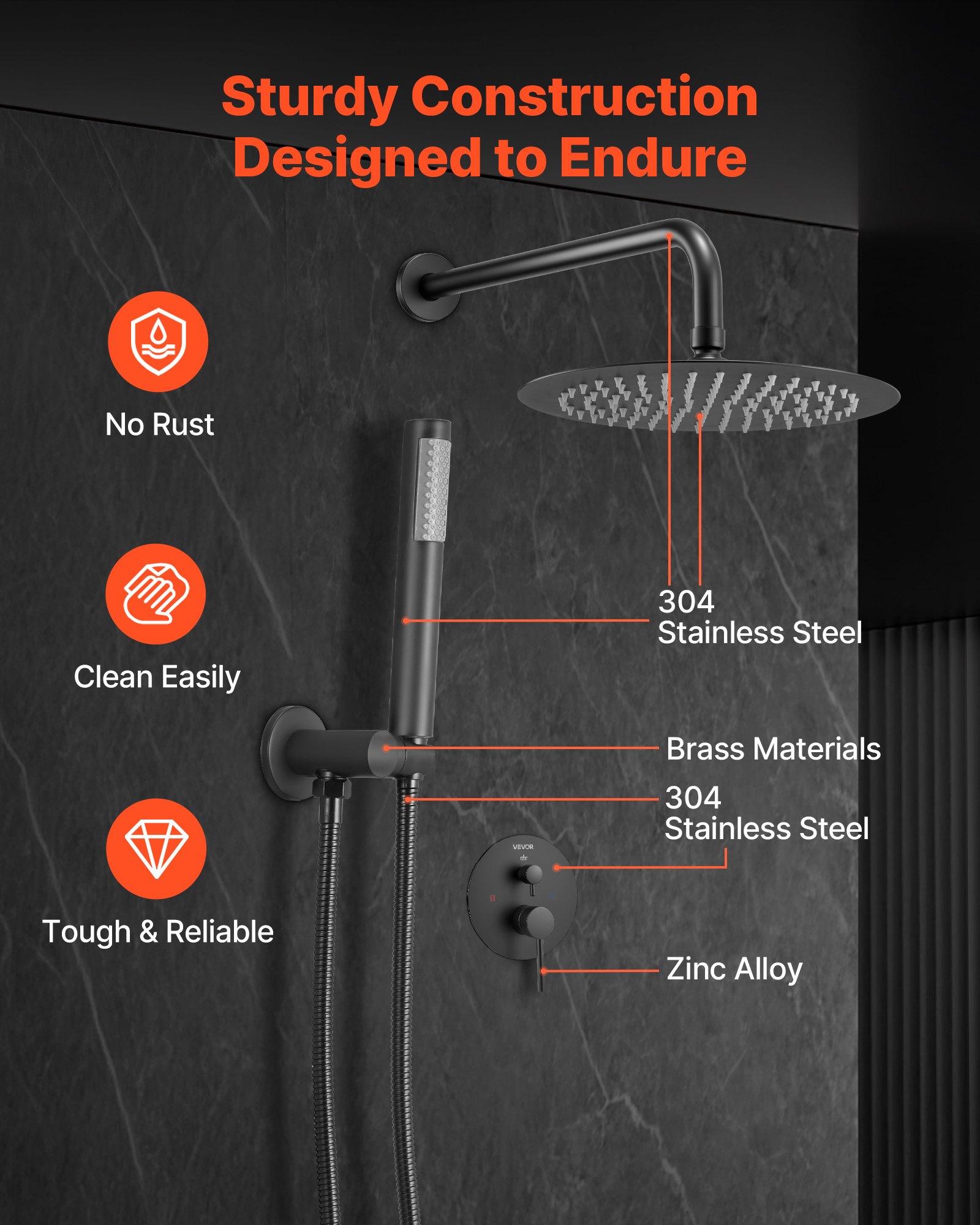 VEVOR Shower Faucet Set, Rainfall Bathroom Shower System with 8-Inch (20.3cm) Round Rain Shower Head and Handheld Spray, Wall Mounted Bath Fixtures with Brass Valve and Trim Kit, Matte Black