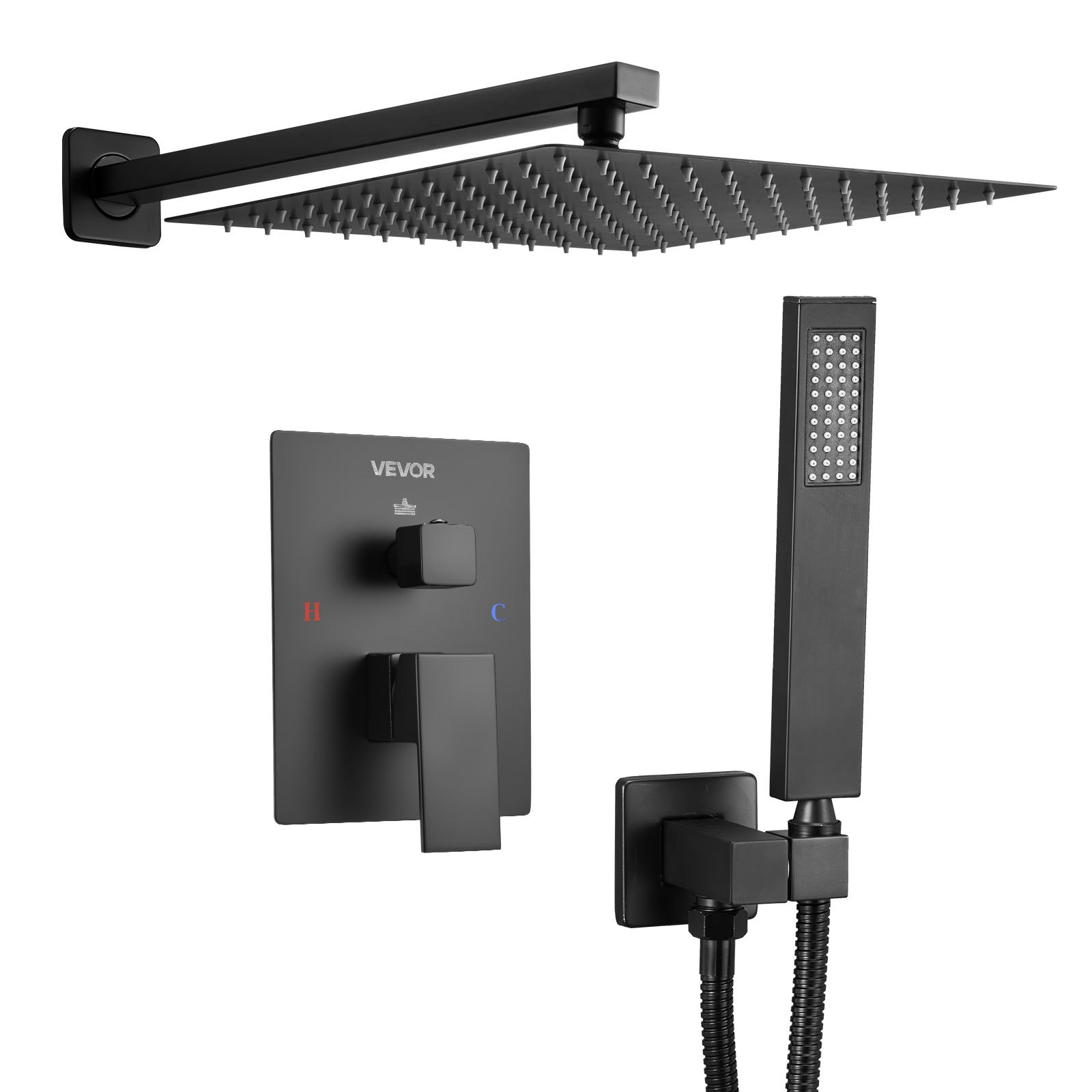 VEVOR Shower Faucet Set, Rainfall Bathroom Shower System with 12-Inch (30.5cm) Square Rain Shower Head and Handheld Spray, Wall Mounted Bath Fixtures with Brass Valve and Trim Kit, Matte Black