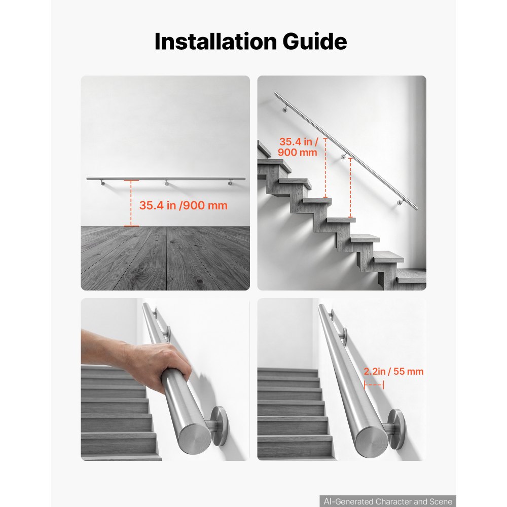 VEVOR Wall-Mounted Stair Handrail, 6.5 ft 250 lbs Load Metal Railing Silver, for Indoor Steps, Loft, Porch & Hallways, Heavy-Duty Industrial Stainless Steel Hand Rail, Round Tube, Mounting Hardware