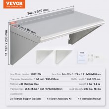 VEVOR 12" x 24" Stainless Steel Shelf, Wall Mounted Floating Shelving with Brackets, 230 lbs Load Capacity Commercial Shelves, Heavy Duty Storage Rack for Restaurant, Kitchen, Bar, Home, and Hotel