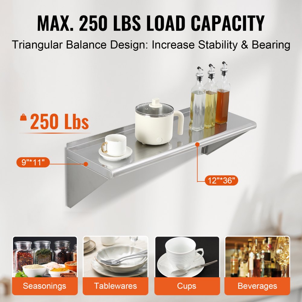 VEVOR stainless steel shelf with 250 lbs capacity, holding a kettle and condiment bottles.