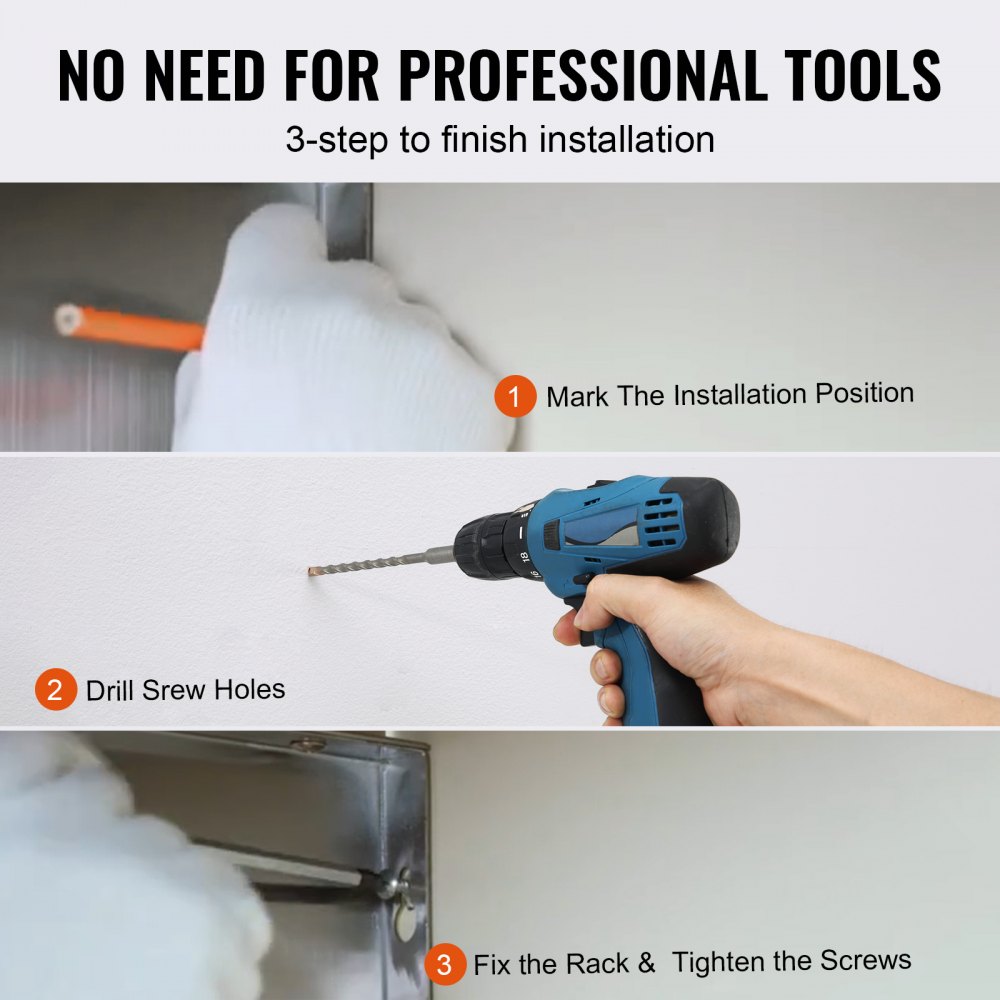 easy 3-step installation guide for VEVOR stainless steel shelf using basic home tools.
