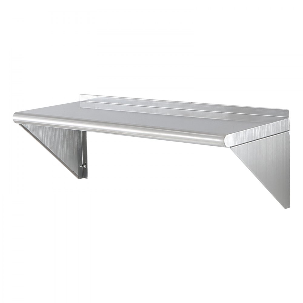 VEVOR stainless steel shelf, wall-mounted with triangular brackets and smooth finish.