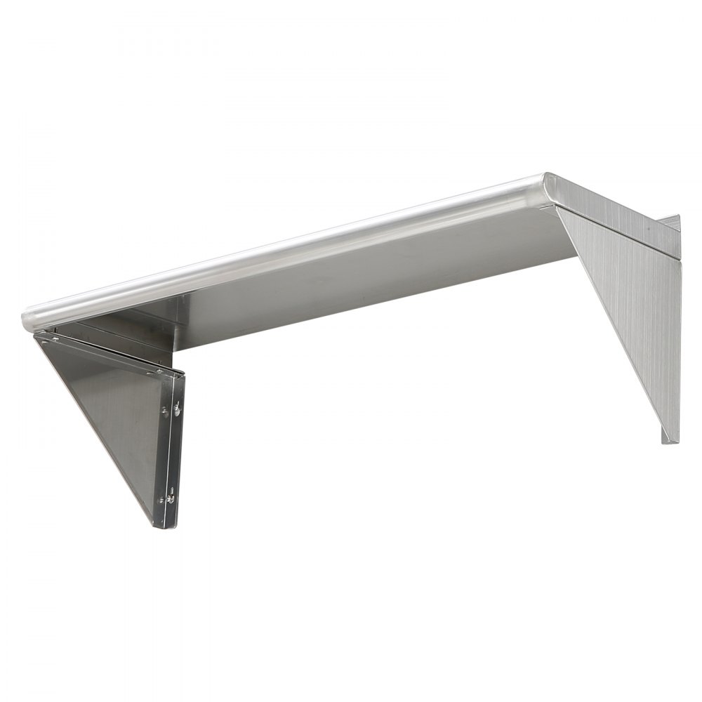 VEVOR stainless steel shelf mounted on a wall, featuring a modern, sleek design with triangular brackets.