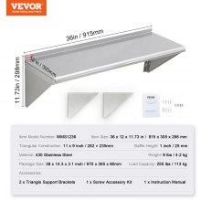 VEVOR 12" x 36" Stainless Steel Shelf, Wall Mounted Floating Shelving with Brackets, 250 lbs Load Capacity Commercial Shelves, Heavy Duty Storage Rack for Restaurant, Kitchen, Bar, Home, and Hotel