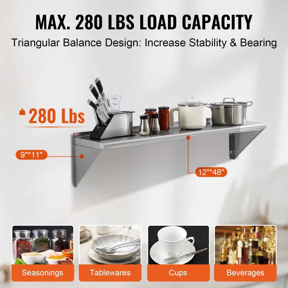 VEVOR 12" x 48" Stainless Steel Shelf, Wall Mounted Floating Shelving with Brackets, 280 lbs Load Capacity Commercial Shelves, Heavy Duty Storage Rack for Restaurant, Kitchen, Bar, Home, and Hotel