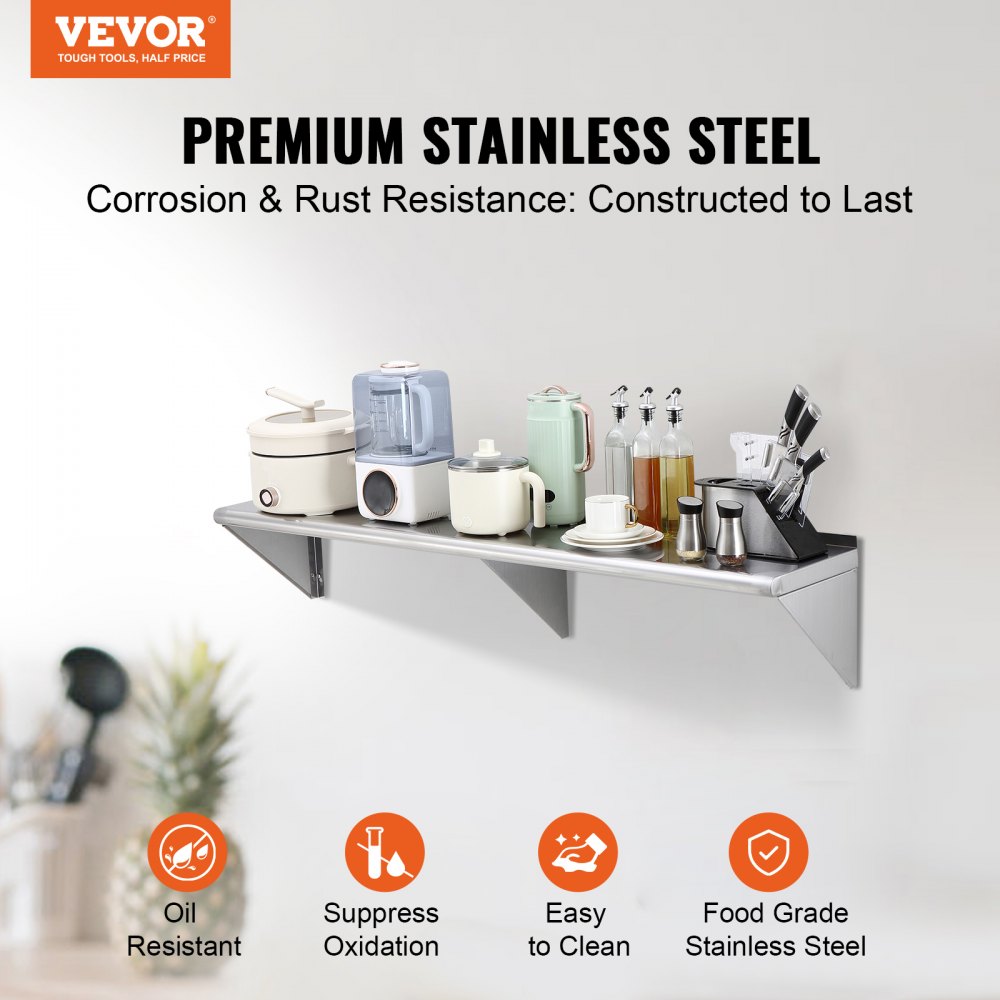 VEVOR 12" x 60" Stainless Steel Shelf, Wall Mounted Floating Shelving with Brackets, 315 lbs Load Capacity Commercial Shelves, Heavy Duty Storage Rack for Restaurant, Kitchen, Bar, Home, and Hotel