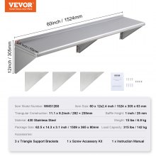 VEVOR 12" x 60" Stainless Steel Shelf, Wall Mounted Floating Shelving with Brackets, 315 lbs Load Capacity Commercial Shelves, Heavy Duty Storage Rack for Restaurant, Kitchen, Bar, Home, and Hotel
