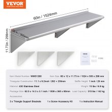 VEVOR 12" x 60" Stainless Steel Shelf, Wall Mounted Floating Shelving with Brackets, 315 lbs Load Capacity Commercial Shelves, Heavy Duty Storage Rack for Restaurant, Kitchen, Bar, Home, and Hotel