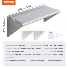 VEVOR 14" x 36" Stainless Steel Shelf, Wall Mounted Floating Shelving with Brackets, 300 lbs Load Capacity Commercial Shelves, Heavy Duty Storage Rack for Restaurant, Kitchen, Bar, Home, and Hotel