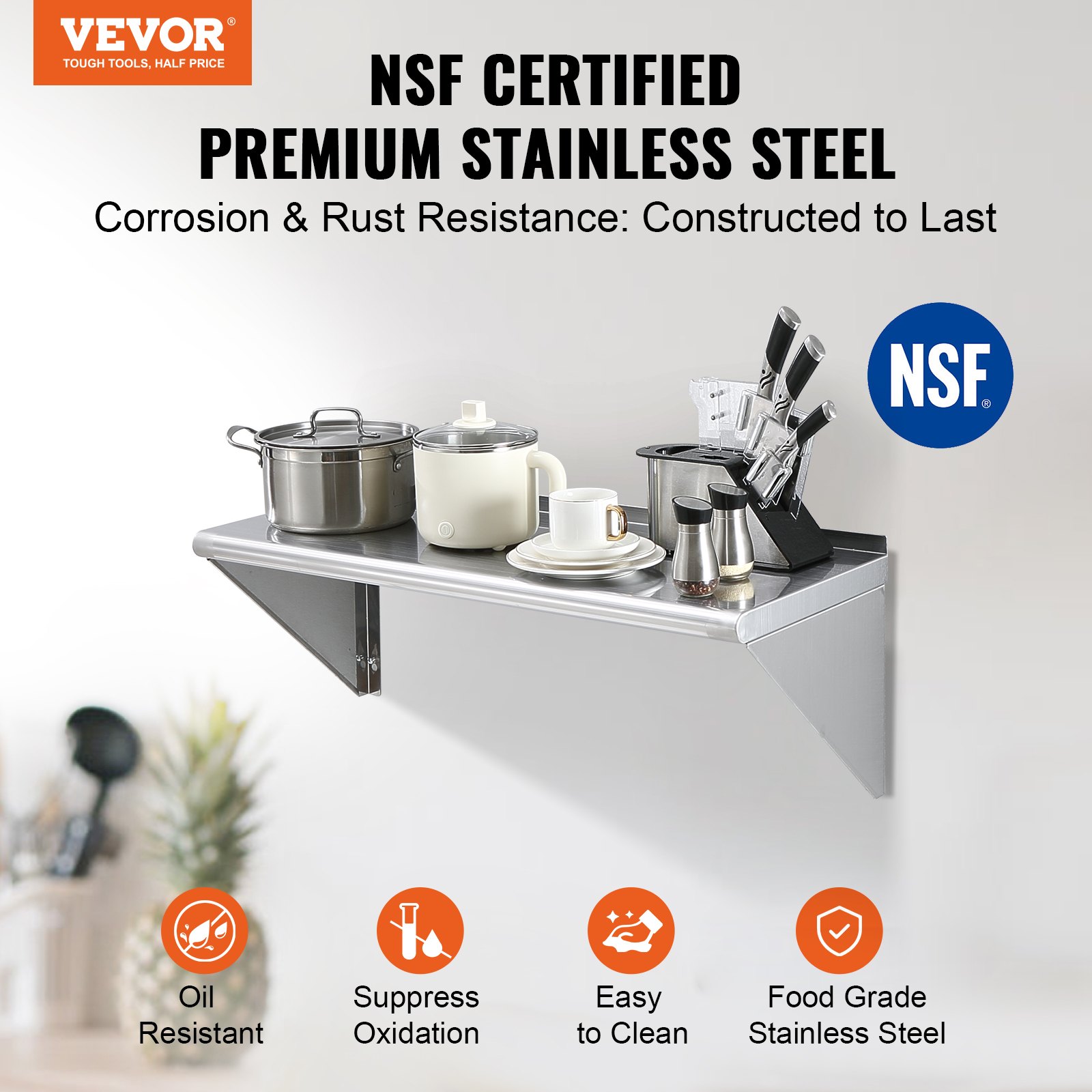 VEVOR stainless steel shelf with kitchenware, nsf certified, corrosion-resistant, premium quality.