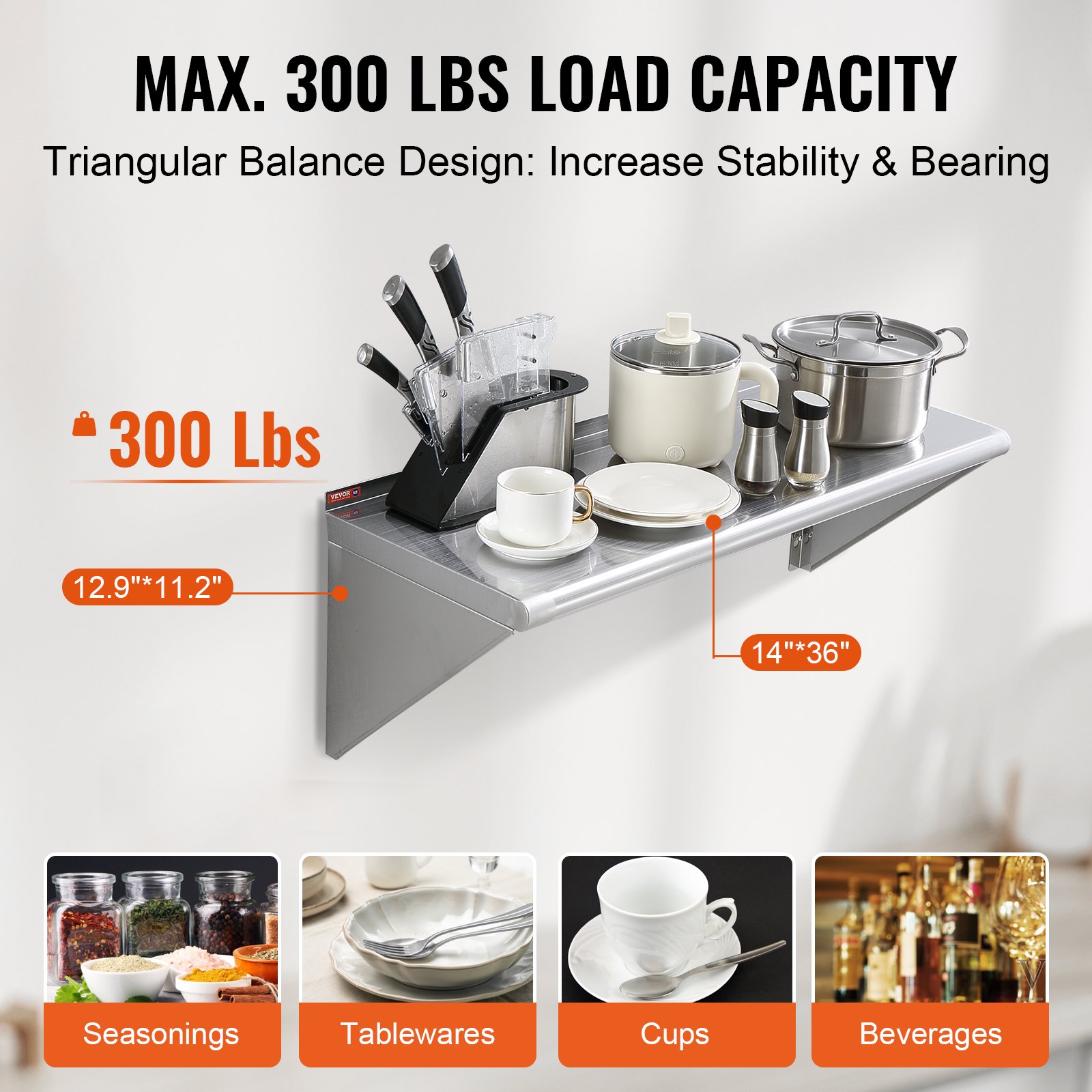VEVOR stainless steel shelf with 300 lbs load capacity, showcasing kitchen items and triangular design.