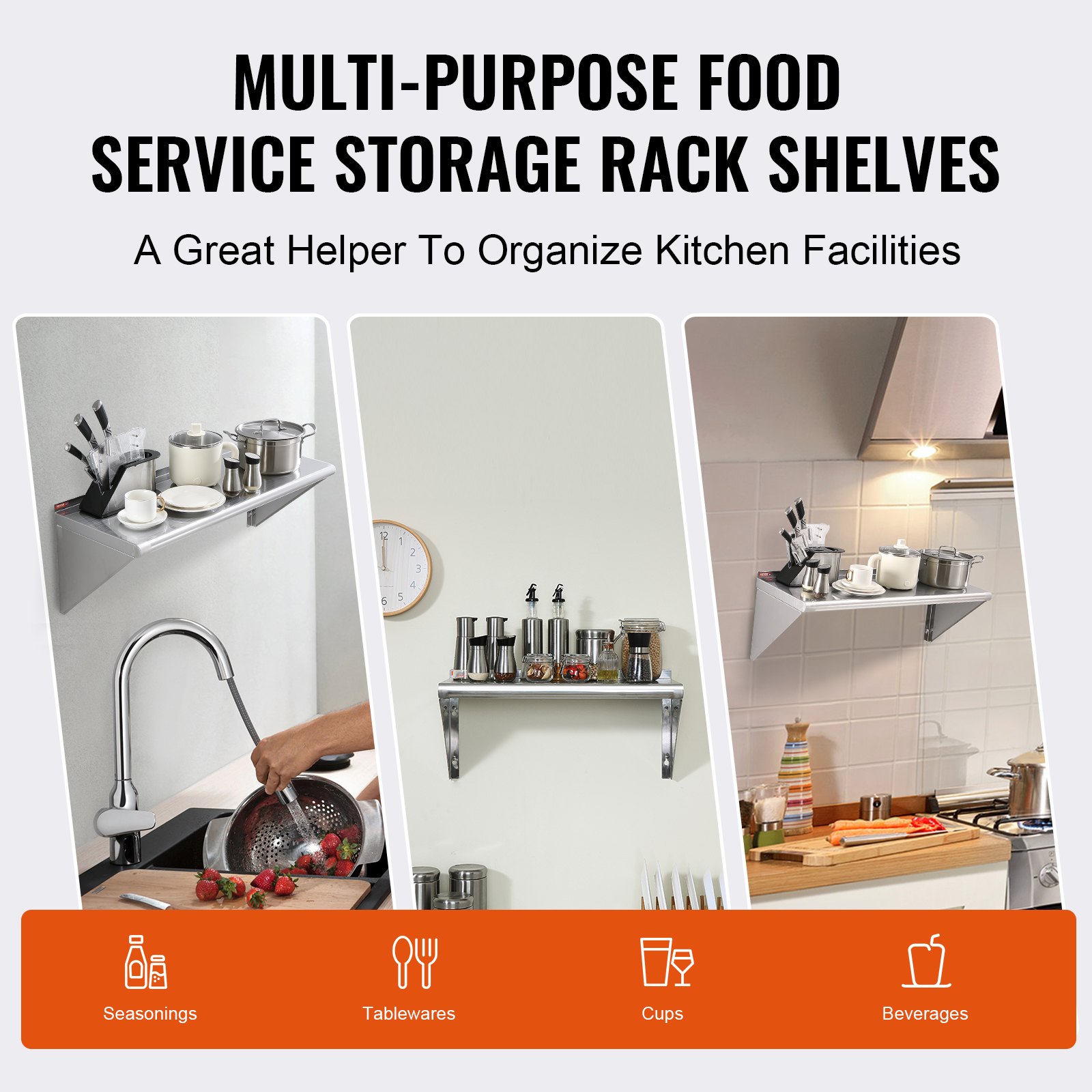 VEVOR stainless steel shelf used for organizing kitchen items like seasonings, tableware, cups, and beverages.