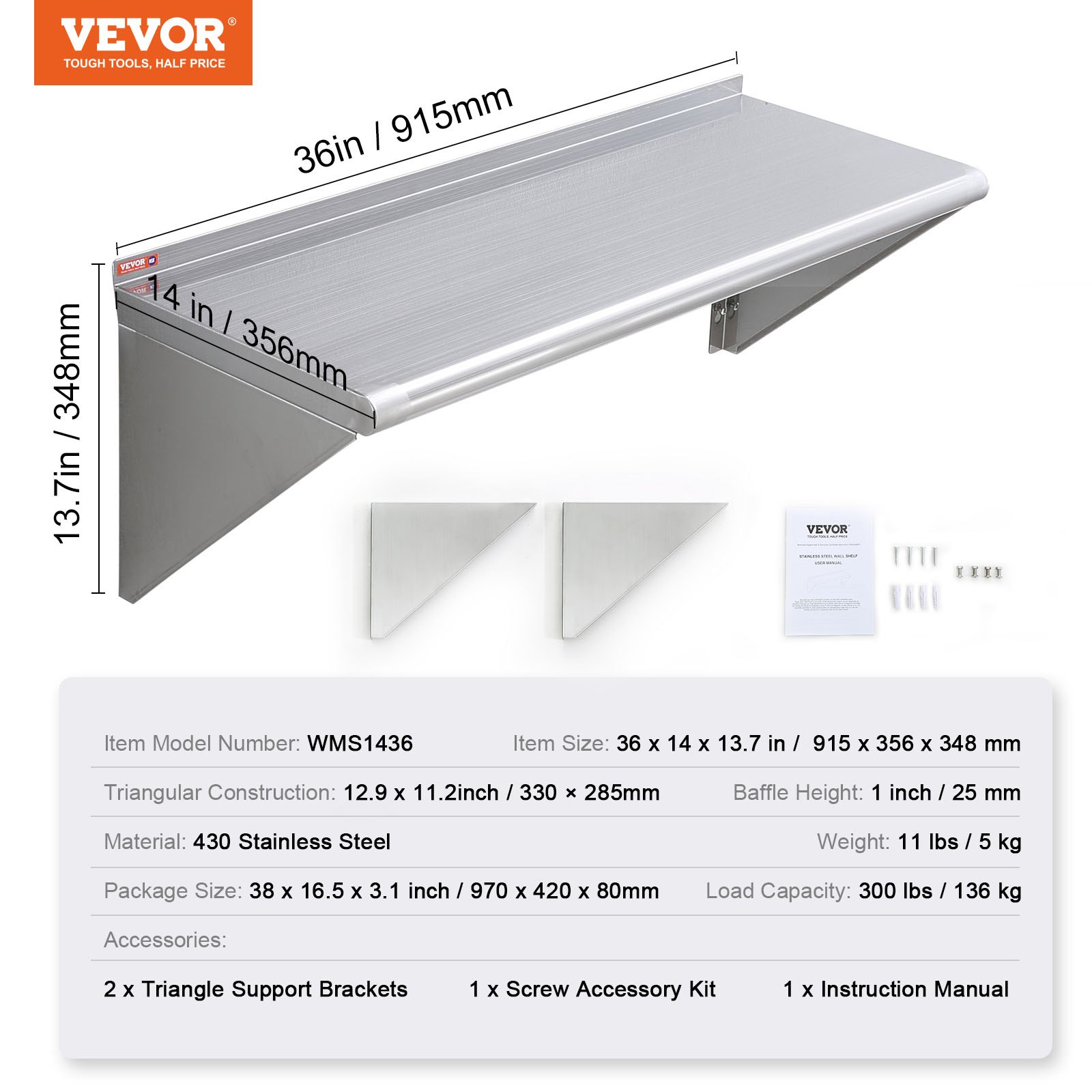 VEVOR stainless steel shelf, 36x14 inches, 300 lbs capacity, includes support brackets and screws.