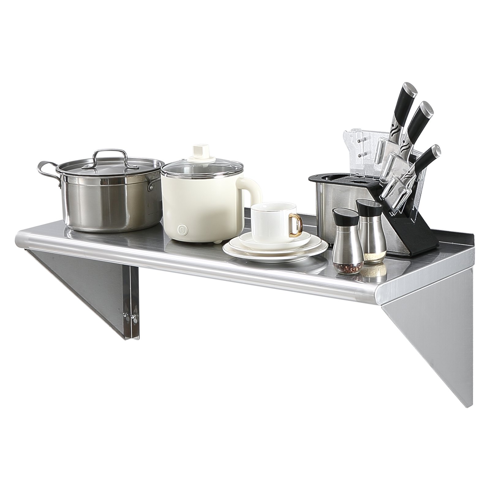 VEVOR stainless steel shelf with kitchenware, including pots, a mug set, knife block, and utensils.