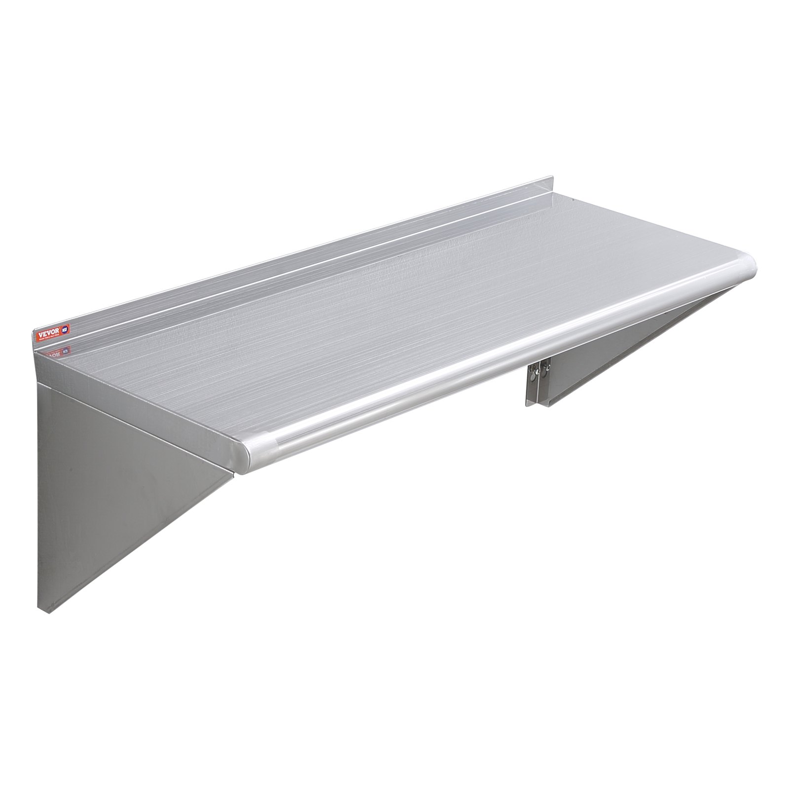 wall-mounted VEVOR stainless steel shelf with triangular brackets for kitchen or garage storage.