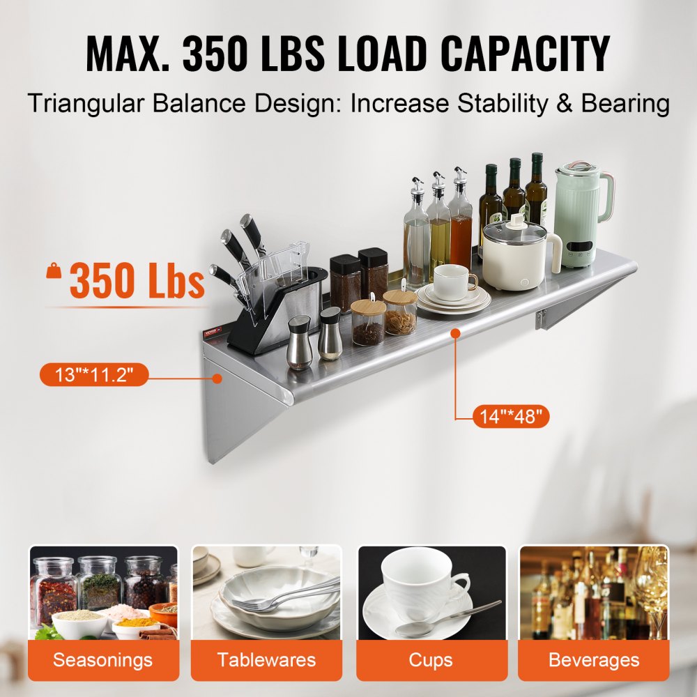 VEVOR 14" x 48" Stainless Steel Shelf, Wall Mounted Floating Shelving with Brackets, 350 lbs Load Capacity Commercial Shelves, Heavy Duty Storage Rack for Restaurant, Kitchen, Bar, Home, and Hotel