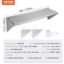 VEVOR 14" x 48" Stainless Steel Shelf, Wall Mounted Floating Shelving with Brackets, 350 lbs Load Capacity Commercial Shelves, Heavy Duty Storage Rack for Restaurant, Kitchen, Bar, Home, and Hotel