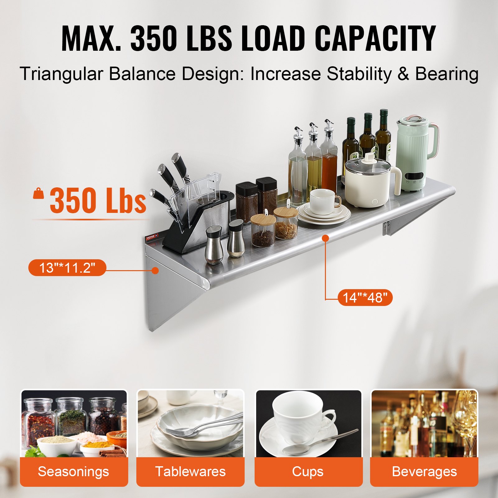 VEVOR 14" x 48" Stainless Steel Shelf, Wall Mounted Floating Shelving with Brackets, 350 lbs Load Capacity Commercial Shelves, Heavy Duty Storage Rack for Restaurant, Kitchen, Bar, Home, and Hotel