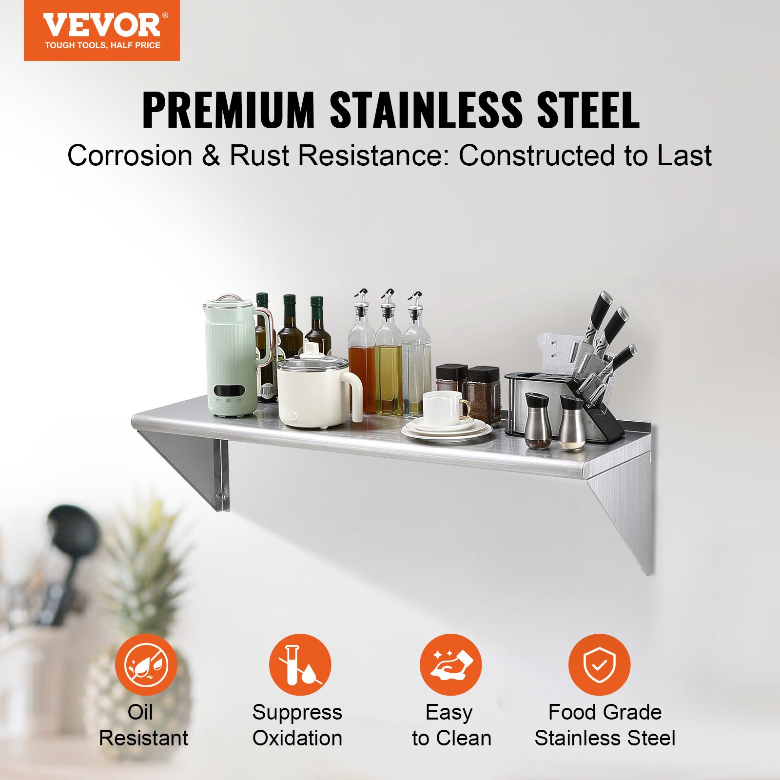 VEVOR 14" x 48" Stainless Steel Shelf, Wall Mounted Floating Shelving with Brackets, 350 lbs Load Capacity Commercial Shelves, Heavy Duty Storage Rack for Restaurant, Kitchen, Bar, Home, and Hotel