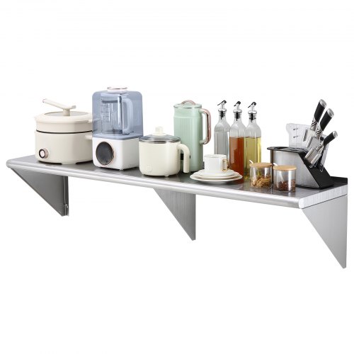 VEVOR 14" x 60" Stainless Steel Shelf, Wall Mounted Floating Shelving with Brackets, 400 lbs Load Capacity Commercial Shelves, Heavy Duty Storage Rack for Restaurant, Kitchen, Bar, Home, and Hotel