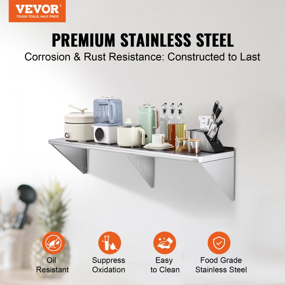 VEVOR 35.6 x 152.4 cm Stainless Steel Shelf, Wall Mounted Floating Shelving with Brackets, 181.4 kg Load Capacity Commercial Shelves, Heavy Duty Storage Rack for Restaurant, Kitchen, Bar, Home, and Hotel