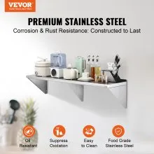 VEVOR 35.6 x 152.4 cm Stainless Steel Shelf, Wall Mounted Floating Shelving with Brackets, 181.4 kg Load Capacity Commercial Shelves, Heavy Duty Storage Rack for Restaurant, Kitchen, Bar, Home, and Hotel