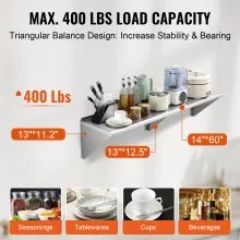 VEVOR 35.6 x 152.4 cm Stainless Steel Shelf, Wall Mounted Floating Shelving with Brackets, 181.4 kg Load Capacity Commercial Shelves, Heavy Duty Storage Rack for Restaurant, Kitchen, Bar, Home, and Hotel