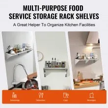 VEVOR 35.6 x 152.4 cm Stainless Steel Shelf, Wall Mounted Floating Shelving with Brackets, 181.4 kg Load Capacity Commercial Shelves, Heavy Duty Storage Rack for Restaurant, Kitchen, Bar, Home, and Hotel