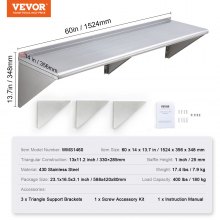VEVOR 14" x 60" Stainless Steel Shelf, Wall Mounted Floating Shelving with Brackets, 400 lbs Load Capacity Commercial Shelves, Heavy Duty Storage Rack for Restaurant, Kitchen, Bar, Home, and Hotel