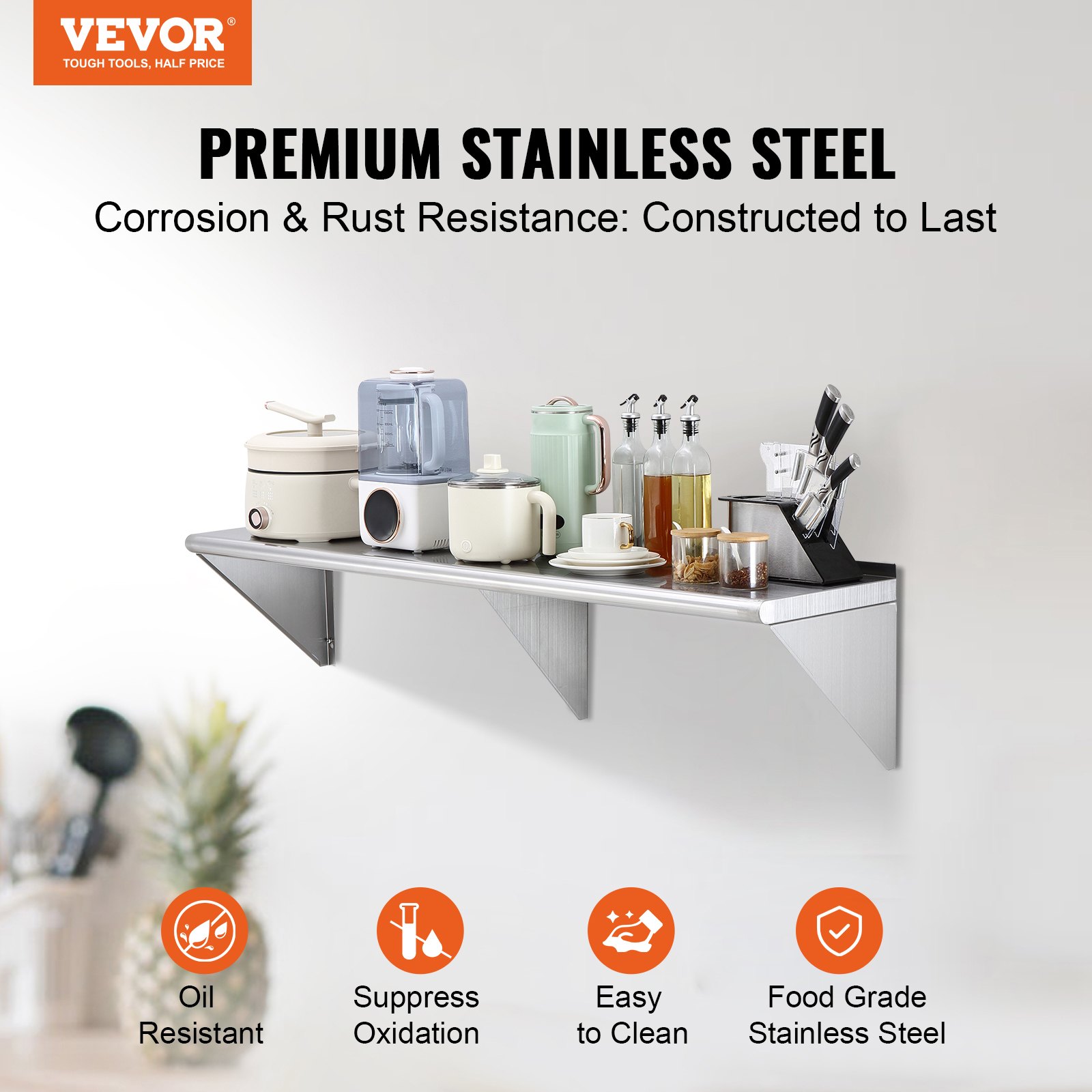 VEVOR 35.6 x 152.4 cm Stainless Steel Shelf, Wall Mounted Floating Shelving with Brackets, 181.4 kg Load Capacity Commercial Shelves, Heavy Duty Storage Rack for Restaurant, Kitchen, Bar, Home, and Hotel