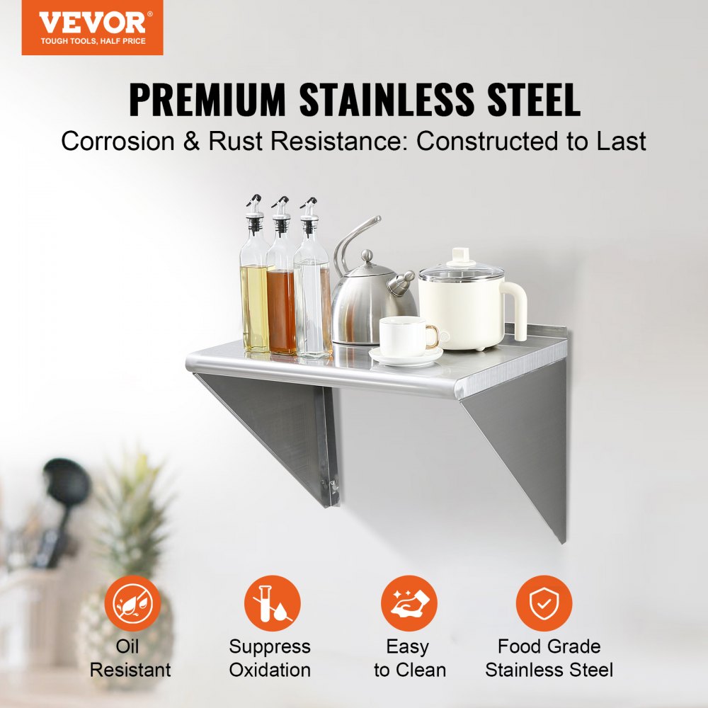 VEVOR 45.7 x 61 cm Stainless Steel Shelf, Wall Mounted Floating Shelving with Brackets, 136.1 kg Load Capacity Commercial Shelves, Heavy Duty Storage Rack for Restaurant, Kitchen, Bar, Home, and Hotel